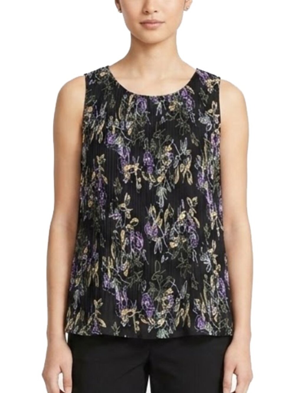 Halogen Black Floral Pleated Sleeveless Shell Office Casual Blouse Size small